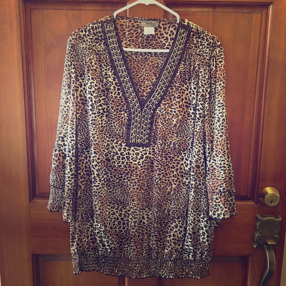🐆🖤Sheer Leopard Print Top w/Leather/Chain Deco